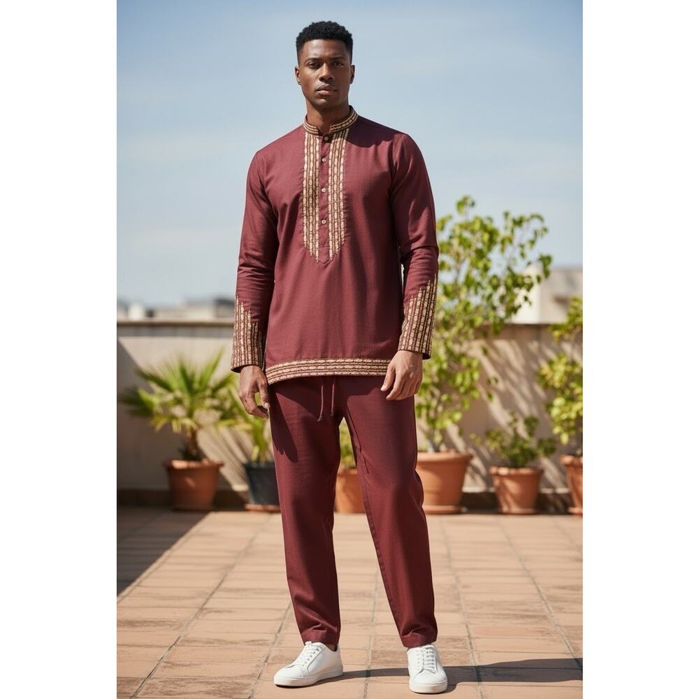 NEW Men’s Burgundy Dashiki Set Gold Embroidery Tunic Pants African - Medium M
